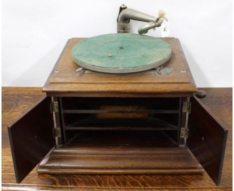 HMV His Master's Voice Manual wind table-top gramophone within an oak stepped square case, 15.5" wide, 15.5" deep, 12" high