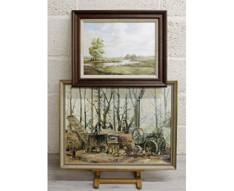 English School (20th/21st century) -&nbsp;figures threshing corn with an old steam engine, oil on board, 17.5" x 23.5"; toget