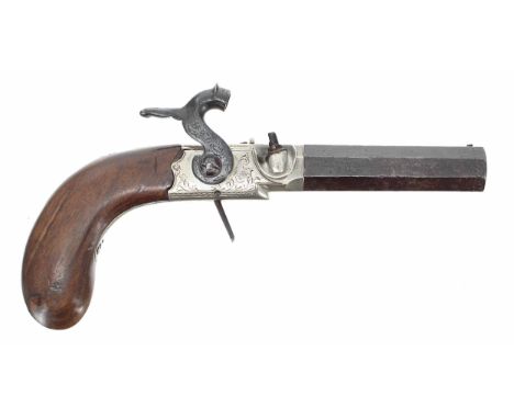19th century Cort &amp; Co. pocket percussion pistol with folding trigger, hexagonal barrel and foliate engraved action and s