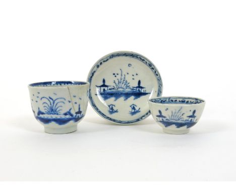A miniature Caughley blue and white teabowl and saucer, c.1770, and a slightly larger U-shaped bowl, painted with the Island 