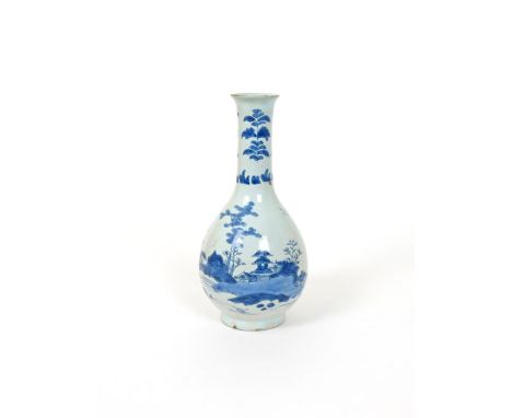 An English delftware bottle or guglet, mid 18th century, painted in blue with a continuous landscape scene of pagodas beneath