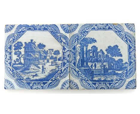 A pair of Liverpool delftware woodblock printed tiles, c.1756, printed in blue by John Sadler, one with a man walking a dog b