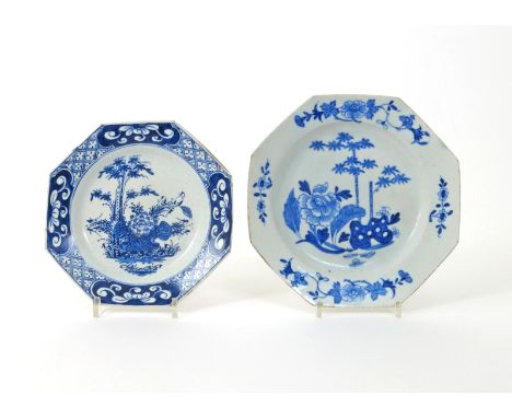 Two Bow octagonal blue and white plates, c.1755-60, both decorated with arrangements of bamboo, peony and millet, one with pe