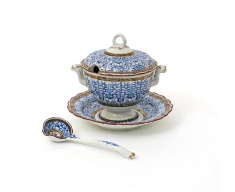 A Flight Worcester sauce tureen and cover with stand and ladle, c.1790, richly decorated in the Royal Lily pattern with styli