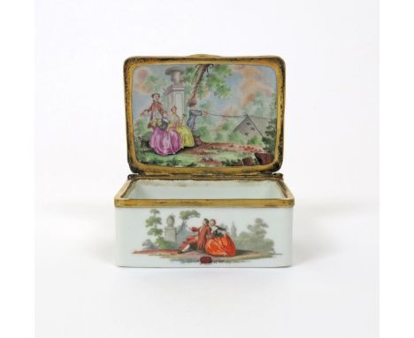 A German porcelain rectangular snuff box, c.1770, perhaps Furstenberg, the cover painted with a couple beneath a parasol, pro