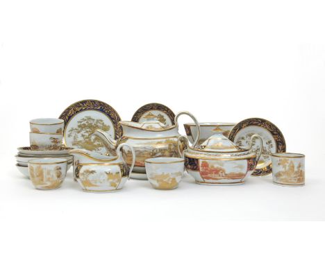 A New Hall tea service, c.1820, decorated in pattern 888 with Warburtons Patent gilt decoration of landscape scenes and figur