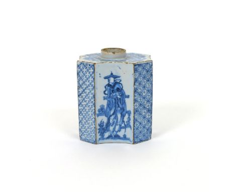 A good Bristol delftware octagonal tea canister, c.1760, the wider concave sides painted in blue with a standing chinoiserie 