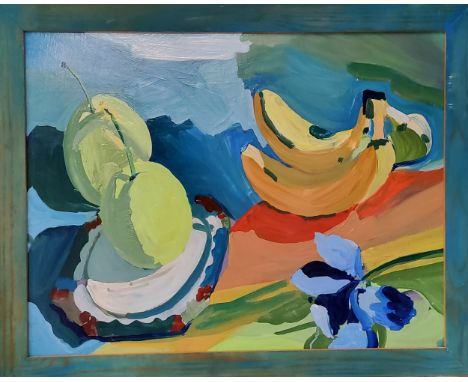 Contemporary School Abstract Still Life of Fruit and Iris Oil on board, framed 72cm x 57cm 