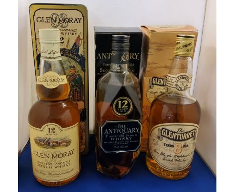 The Antiquary 12 year old Scotch Whisky, boxed;&nbsp; Glen Moray 12 Year Old Single Malt Scotch Whisky, boxed;&nbsp; Glenturr