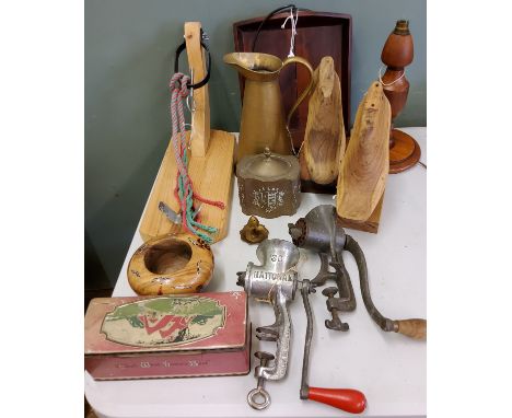 A National mincer;&nbsp; another;&nbsp; a brass jug;&nbsp; CWS biscuit tin;&nbsp; continental ham holder;&nbsp; sugar caniste