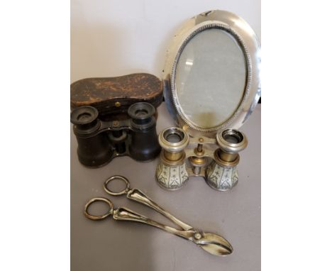 A silver oval easel photograph frame, 17cm high, Birmingham marks rubbed;&nbsp; a pair of Victorian opera glasses;&nbsp; anot