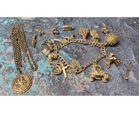 A silver charm bracelet holding 10 charms including a horse &amp; foal, grand piano, mouse etc. other charms loose; a silver 