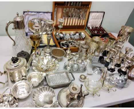 Plated Ware - trophies;&nbsp; goblets;&nbsp; flatware;&nbsp; teapot;&nbsp; claret jug;&nbsp; Sheffield plated chamber stick;&