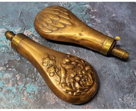 A 19th century copper bag shaped shot flask, 19cm long;&nbsp; another (2) 