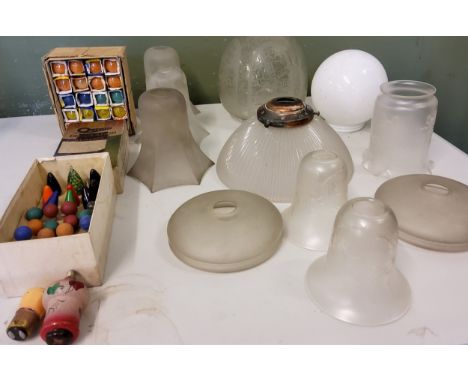 Victorian and later frosted and clear glass shades, various;&nbsp; Phillips coloured light bulbs;&nbsp; Oastram Decoration bu