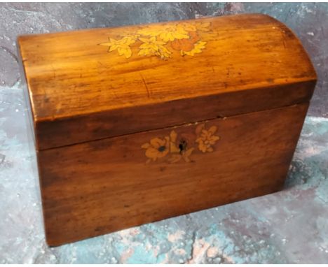 A 19th century walnut tea caddy, the domed top inlaid with floral marquetry, the interior with two lidded compartments, 18.5c