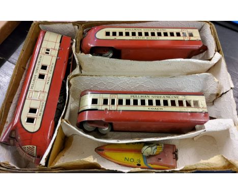 Electric Streamlined Train Set,&nbsp; locomotive, two coaches made in England, Engine made in USA, base of the original box;&