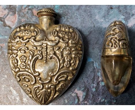 A continental silver heart shaped scent flask, embossed overall, 4.25cm high, 20.5g;&nbsp; another, egg shaped, 3cm long (2) 