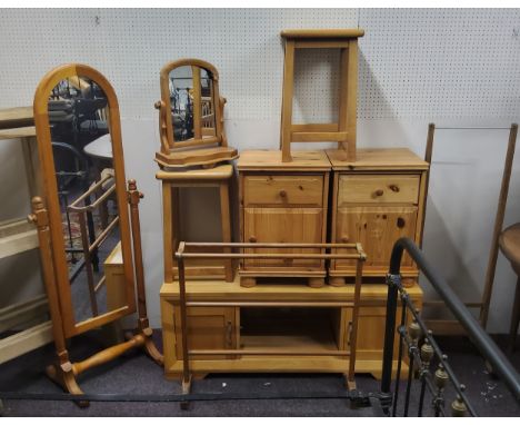 Pine Furniture - cheval mirror, bedside cabinets, TV unit (light oak), towel rail, stools etc qty 