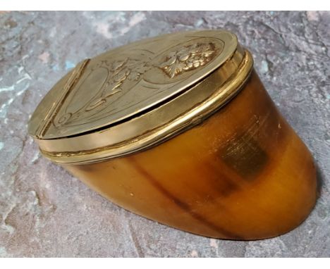A 19th century hoof snuff box, the plated hinged cover embossed with stylised foliage, 8cm wide, c.1850 