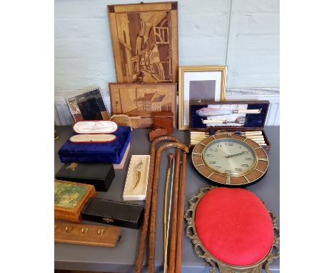 A set of EPNS fish knives, forks and fish servers, cased;&nbsp; Italian treen pictures;&nbsp; boxes;&nbsp; walking sticks;&nb