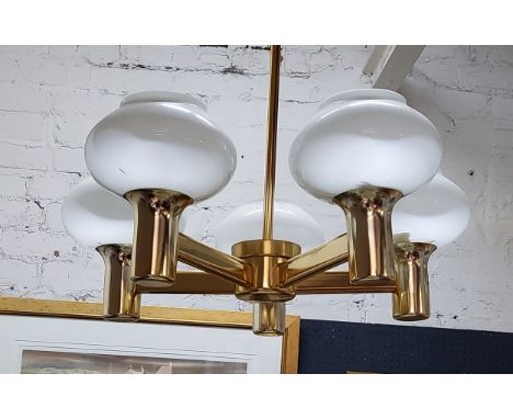 Lighting - a Mid Century Italian gilt metal and frosted glass five branch ceiling light 