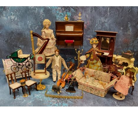 Dolls House Furniture - a harp, piano knowle sofa, fire surround, husband, wife, daughter and grandmother, etc 