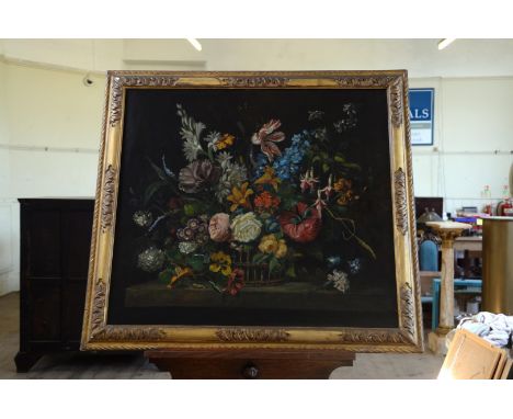 An oil on canvas, still life study of a basket of flowers on a shelf.  29½ by 26¾ins.  Est £200-300