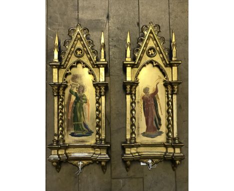 A pair of  Italian studies on board depicting angels playing instruments.  7½ by 18ins.  In gilt Gothic style frames.  Est £8