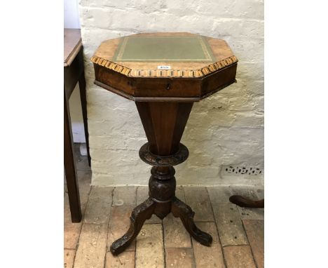 A Victorian walnut and marquetry inlaid sewing table with green leather inset octagonal top with hinged lid opening to reveal