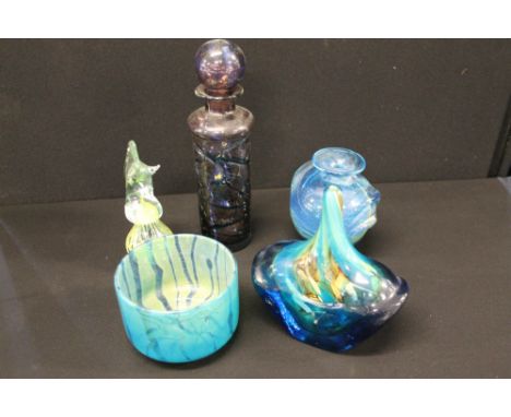 MDINA - ART GLASS - 5 pieces of Medina glass to include a paper weight, purple decanter, bowl and vase (a/f air bubble hole o