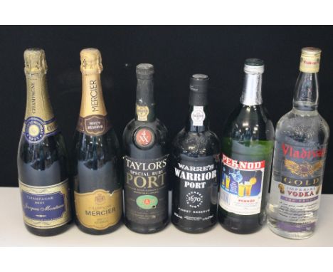 CHAMPAGNE/VODKA/PORT - a collection of x6 bottles to include Pernod Fils 100cl, Mercier Champagne Brut Reserve 75cl (torn lab