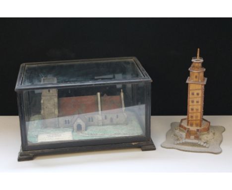 SCALE MODEL - a scale model of a Buckinghamshire Church dedicated to St Giles in a glass case and a wooden oriental tower. To