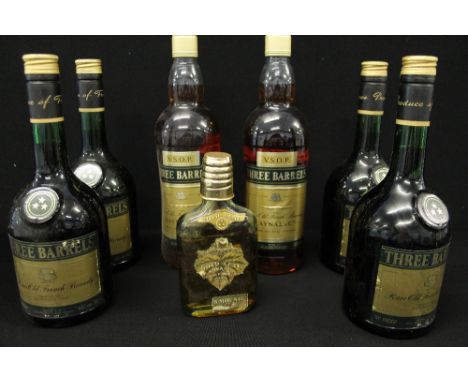 BRANDY - 6 bottles of THREE BARRELS Brandy, 4 70'Proof 68cl bottles dating 1970's and 2 plastic 40% vol 100cl bottles.  Also 