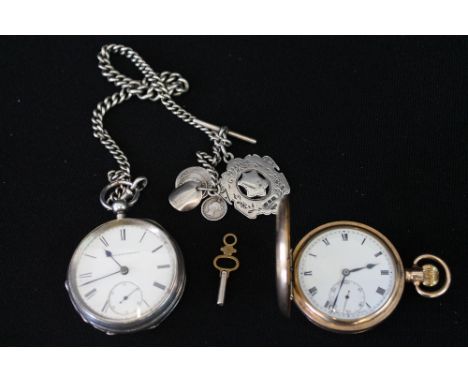 POCKET WATCH - A silver cased ELGIN NATL WATCH Co pocket watch, Birmingham 1876 with key and silver watch chain and fob (52.6