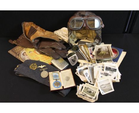 WWII - AIR MINISTRY LEATHER FLYING GLOVES & HAT.  Included in this lot is a War Medal 1939-45, a silver MASONIC Lodge of Harm