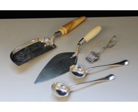 SILVER AND TUSKS - a collection of miscellaneous silver items to include x2 ladles/spoons (184g) hallmarked Sheffield, a silv