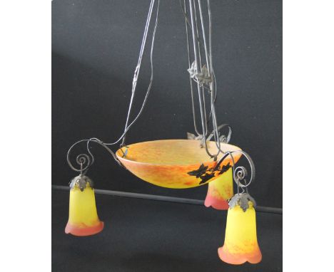 CEILING LIGHT - FRENCH - ART NOUVEAU/DECO - c.1910 - A French Patte de Vere acid etched dome glass ceiling lamp in sunburst y