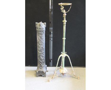 VICTORIAN RADIATOR AND LAMP STAND - a Victorian cast iron upright radiator and a Victorian brass floor standing gas lamp stan