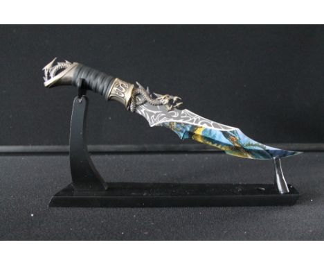DRAGON DAGGER - with coloured blade, comes with a display stand.  Measures 15" overall with 9.5" blade. This is a display orn