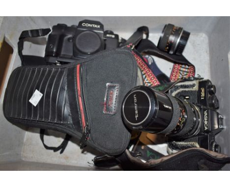 Photography - A Yashica Contax RTS III 35mm SLR camera, body only (titanium bottom/base missing); a Yashica FR I 35mm SLR cam