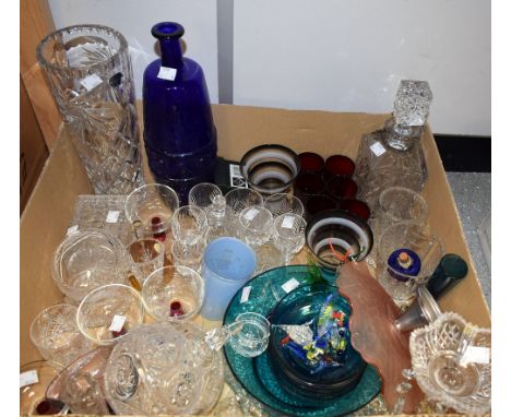 Glassware - a Bohemia hand cut lead crystal vase; a cut glass decanter; others, tumblers, port glasses, vases, etc; a six dro