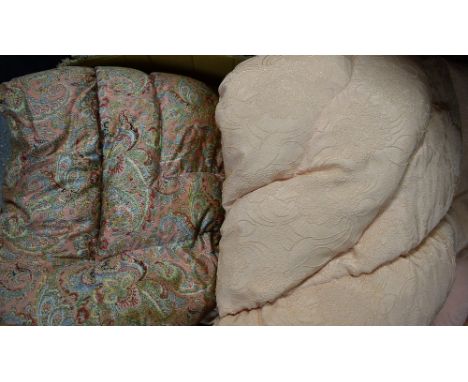 Textiles - vintage floral feather eiderdown, Paisley design; another similar, Peach damask (2)