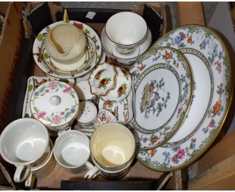A Belleek cream jug, printed mark in green; a Coalport Hunting Scene trinket box; salt and pepper, vase; Royal commemoratives