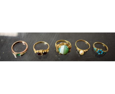 A 9ct gold dress ring; three others set with stone; another unmarked, approx 14g gross 