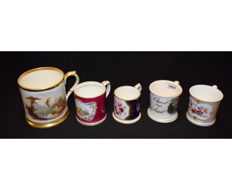 A 19th century Graingers Worcester mug, the central cartouche painted with a landscape, printed mark; other 19th century mugs