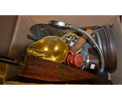 Boxes and Objects - a barometer, Salter scales, mantel clock; oriental parasol; etc 