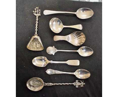 A silver caddy spoon; a continental silver souvenir spoon, marked 90; other spoons (8)