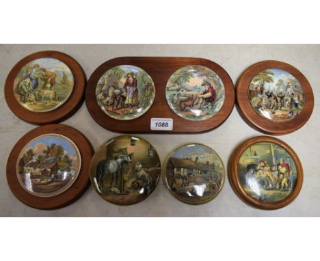 Prattware Pot Lids - Lend A Bite; others Country Quarters Village Wedding; etc part framed (8) 