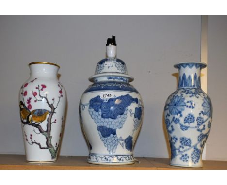 A Chinese blue and white table lamp; a vase; a Franklin Japanese vase (3)